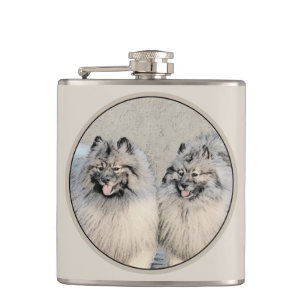 Keeshond Brothers Painting - Original Dog Art Hip Flask