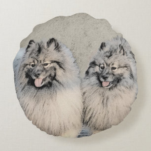 Keeshond Brothers Painting - Original Dog Art Round Cushion
