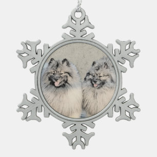 Keeshond Brothers Painting - Original Dog Art Snowflake Pewter Christmas Ornament