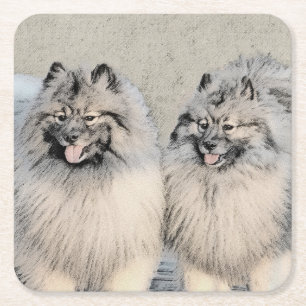 Keeshond Brothers Painting - Original Dog Art Square Paper Coaster
