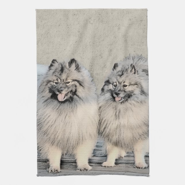 Keeshond Brothers Painting - Original Dog Art Tea Towel (Vertical)