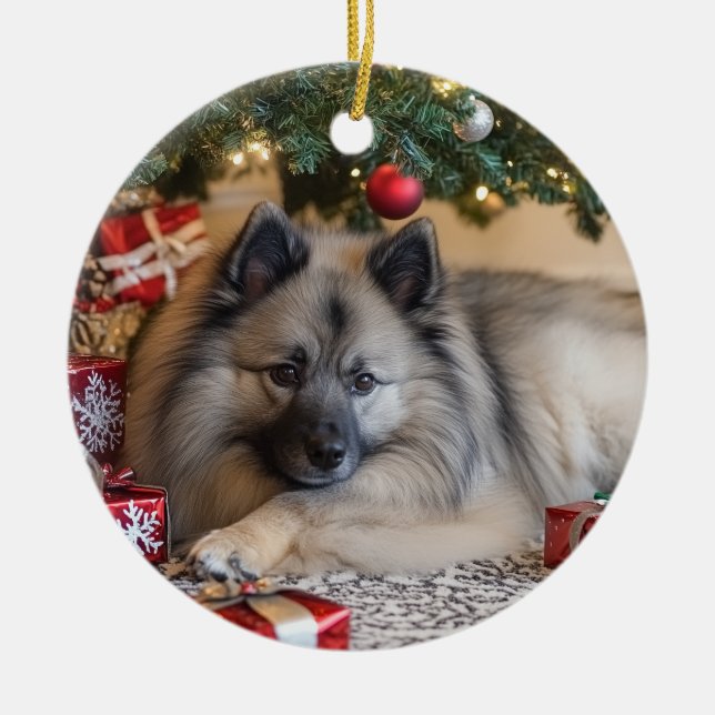 Keeshond Christmas Ceramic Tree Decoration (Front)