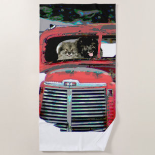 Keeshond Christmas Old Truck Painting Dog Art Beach Towel