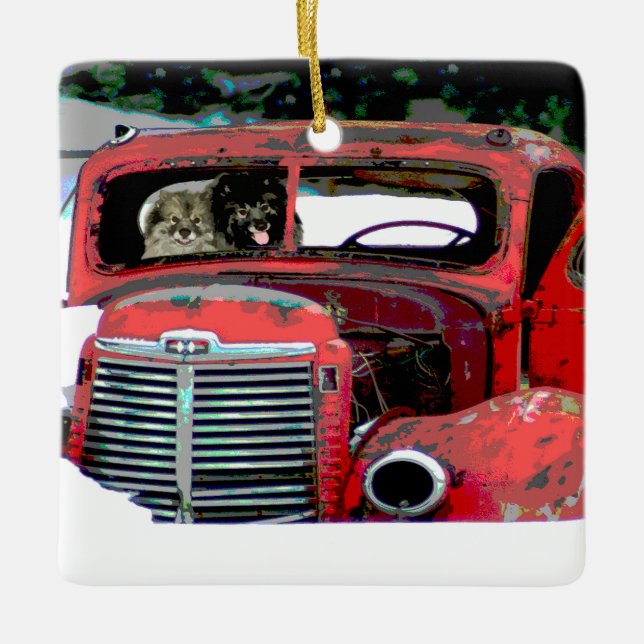 Keeshond Christmas Old Truck Painting Dog Art Ceramic Ornament (Front)