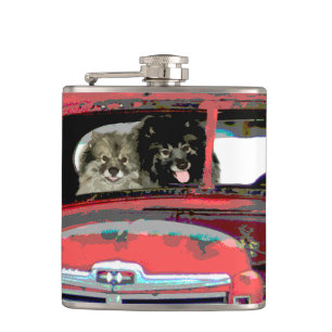 Keeshond Christmas Old Truck Painting Dog Art Hip Flask