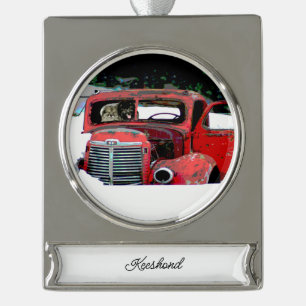 Keeshond Christmas Old Truck Painting Dog Art Silver Plated Banner Ornament