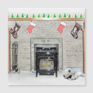 Keeshond Christmas Puppy Dog by Fireplace Painting