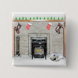 Keeshond Christmas Puppy Dog by Fireplace Painting 15 Cm Square Badge