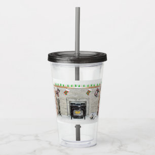 Keeshond Christmas Puppy Dog by Fireplace Painting Acrylic Tumbler