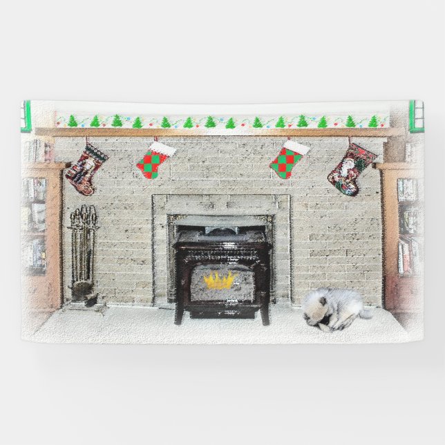 Keeshond Christmas Puppy Dog by Fireplace Painting Banner (Horizontal)