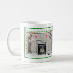 Keeshond Christmas Puppy Dog by Fireplace Painting Coffee Mug