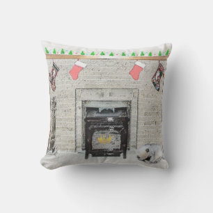 Keeshond Christmas Puppy Dog by Fireplace Painting Cushion