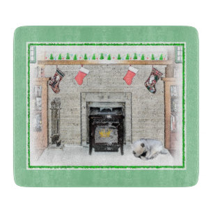 Keeshond Christmas Puppy Dog by Fireplace Painting Cutting Board