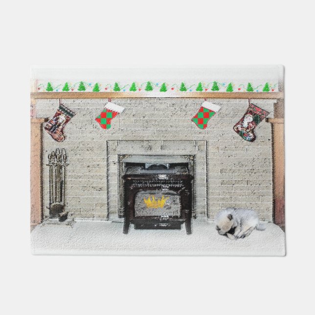 Keeshond Christmas Puppy Dog by Fireplace Painting Doormat (Front)