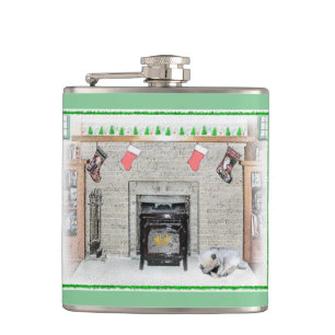 Keeshond Christmas Puppy Dog by Fireplace Painting Hip Flask
