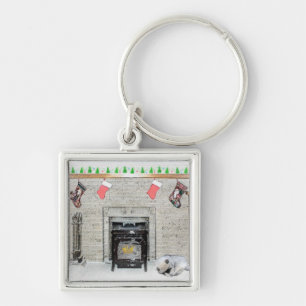 Keeshond Christmas Puppy Dog by Fireplace Painting Key Ring