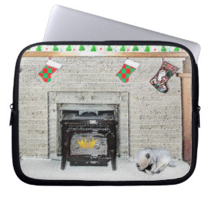 Keeshond Christmas Puppy Dog by Fireplace Painting Laptop Sleeve