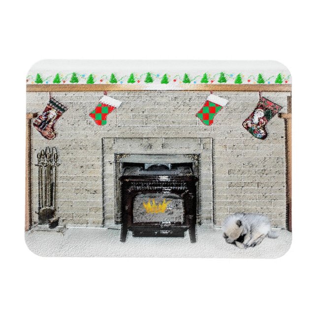 Keeshond Christmas Puppy Dog by Fireplace Painting Magnet (Horizontal)