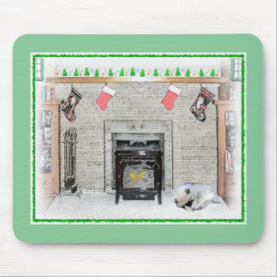 Keeshond Christmas Puppy Dog by Fireplace Painting Mouse Pad