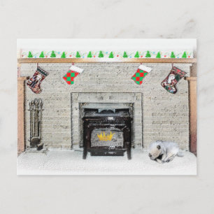 Keeshond Christmas Puppy Dog by Fireplace Painting Postcard