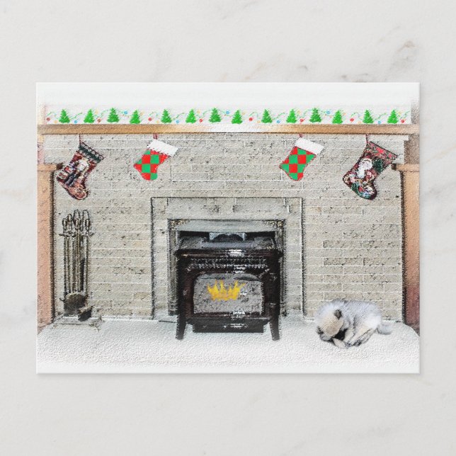 Keeshond Christmas Puppy Dog by Fireplace Painting Postcard (Front)