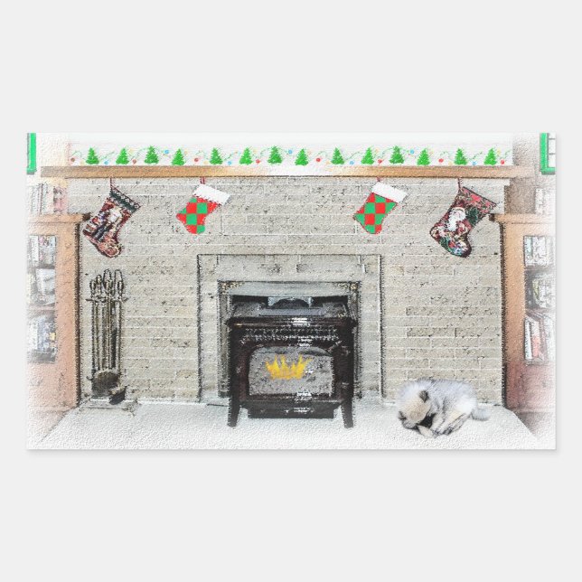 Keeshond Christmas Puppy Dog by Fireplace Painting Rectangular Sticker (Front)