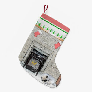 Keeshond Christmas Puppy Dog by Fireplace Painting Small Christmas Stocking