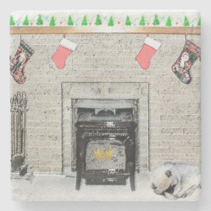 Keeshond Christmas Puppy Dog by Fireplace Painting Stone Coaster