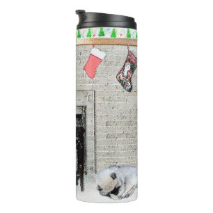 Keeshond Christmas Puppy Dog by Fireplace Painting Thermal Tumbler