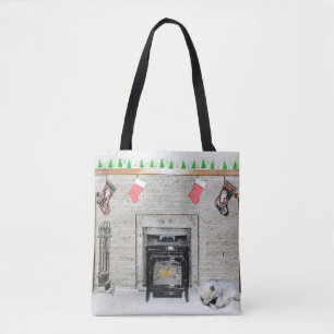 Keeshond Christmas Puppy Dog by Fireplace Painting Tote Bag