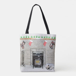 Keeshond Christmas Puppy Dog by Fireplace Painting Tote Bag