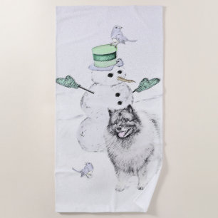 Keeshond Christmas Snowman Painting Dog Art Beach Towel