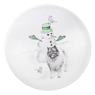 Keeshond Christmas Snowman Painting Dog Art Ceramic Knob