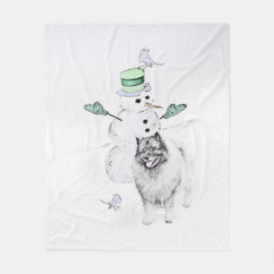 Keeshond Christmas Snowman Painting Dog Art Fleece Blanket