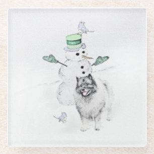 Keeshond Christmas Snowman Painting Dog Art Glass Coaster