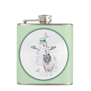 Keeshond Christmas Snowman Painting Dog Art Hip Flask
