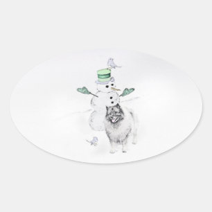 Keeshond Christmas Snowman Painting Dog Art Oval Sticker