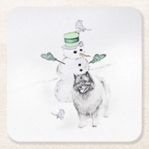 Keeshond Christmas Snowman Painting Dog Art Square Paper Coaster