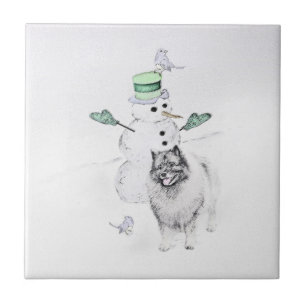 Keeshond Christmas Snowman Painting Dog Art Tile