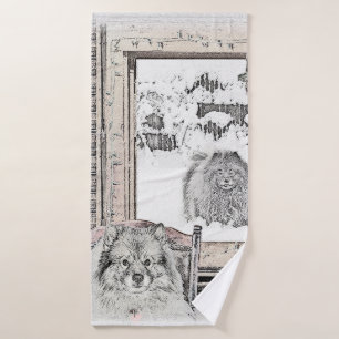 Keeshond Christmas Winter Window Painting Dog Art Bath Towel Set