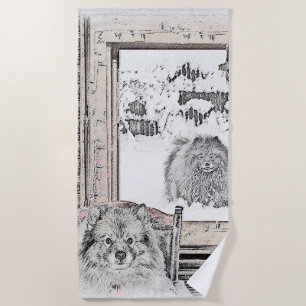 Keeshond Christmas Winter Window Painting Dog Art Beach Towel