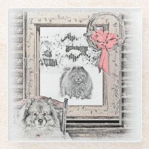 Keeshond Christmas Winter Window Painting Dog Art Glass Coaster