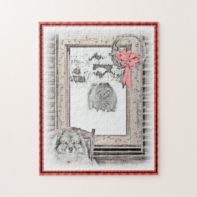 Keeshond Christmas Winter Window Painting Dog Art Jigsaw Puzzle (Vertical)