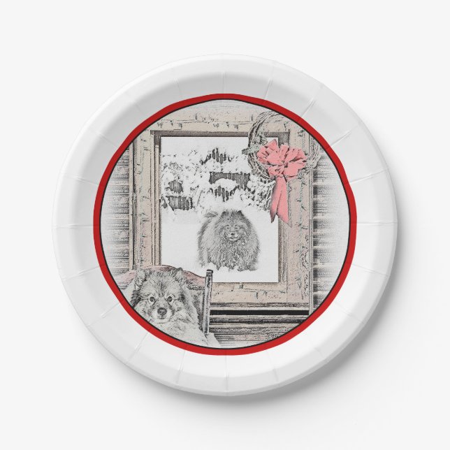 Keeshond Christmas Winter Window Painting Dog Art Paper Plate (Front)