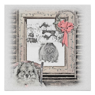 Keeshond Christmas Winter Window Painting Dog Art Poster
