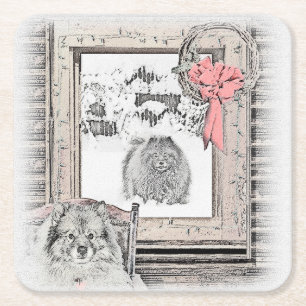 Keeshond Christmas Winter Window Painting Dog Art Square Paper Coaster