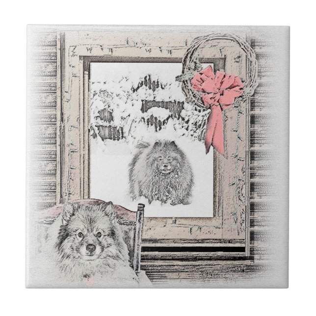 Keeshond Christmas Winter Window Painting Dog Art Tile (Front)