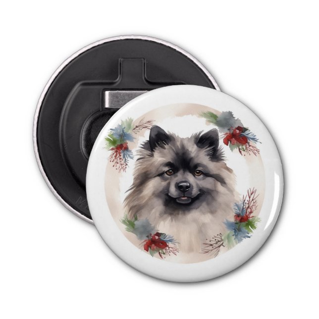 Keeshond Christmas Wreath Festive Pup Bottle Opener (Front)