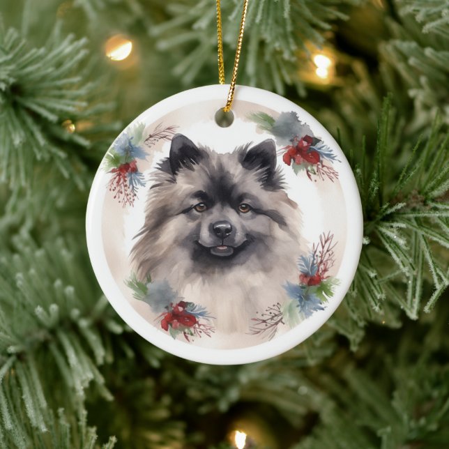 Keeshond Christmas Wreath Festive Pup Ceramic Tree Decoration (Tree)