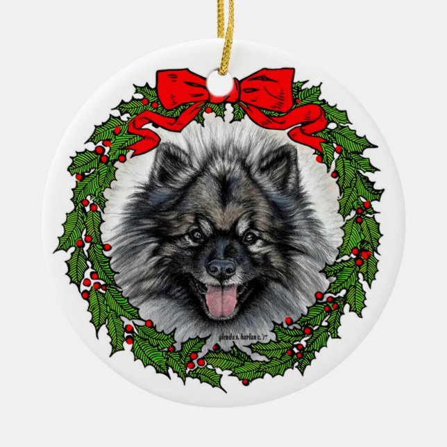 Keeshond Dog Art by Glenda S. Harlan Ceramic Tree Decoration (Front)